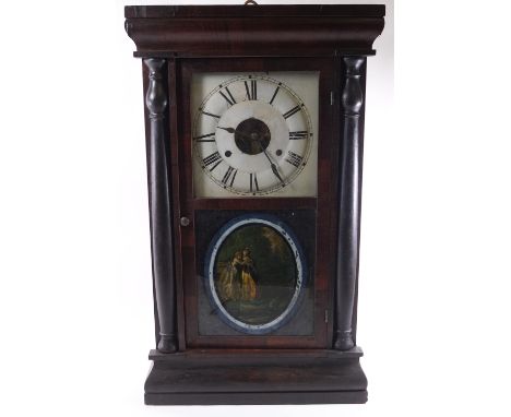 A Connecticut wall clock by Seth Thomas, set with a strike mechanism in a Roman dial, the rosewood and blackened case set a d