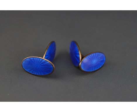 A pair of yellow metal and blue guilloche enamel double sided bar cufflinks by David Andersen, Norway, stamped 925 Sterling, 