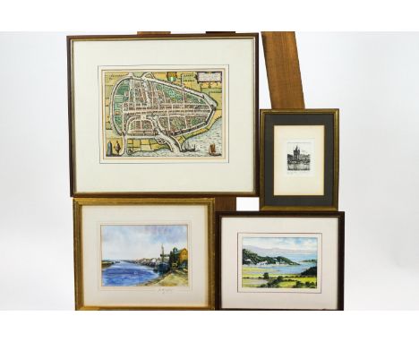 A group of four assorted prints, including an etching of Prague, signed in pencil, 5.5cm x 4.5cm and two others