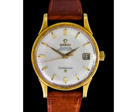 A Gentleman's 18ct Gold Automatic Chronometer Wristwatch, by Omega, Model Constellation, 34mm diameter, with inscription to r
