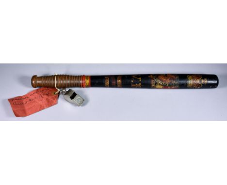 A Victorian Turned Wood Truncheon, painted with crown over motto of the British chivalric Order of the Garter, over V.R over 