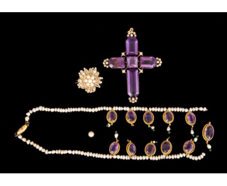 A Pearl and Amethyst Set Cross, 68mm x 55mm, a seed pearl necklace with ten gilt metal amethyst stones and a small seed pearl