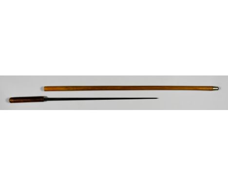 A Late 19th Century Continental Swordstick, 19.5ins bright steel cruciform blade, with a leather covered hilt, cane scabbard,