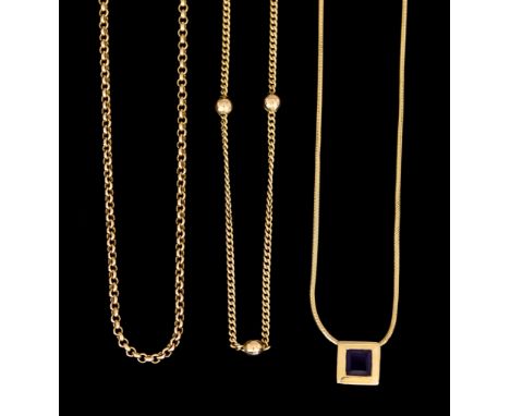 Three 14ct Gold Fine Chains, each 400mm in length, one with suspended amethyst pendant, total gross weight 9.9g