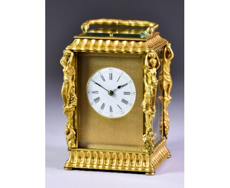 A 19th Century French Carriage Clock, stamped encircled B trademark,&nbsp;the 2ins diameter white enamel dial with Roman and 