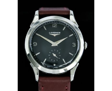 A Gentleman's Manual Wind Wristwatch,&nbsp;Circa 1952,&nbsp;by Longines, white gold filled case, 33mm diameter, black dial wi