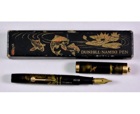 A Lacquer Fountain Pen, by Alfred Dunhill of London, Model Namiki, exterior depicting nautical scene, mountains and wildlife,