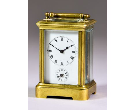 A French Miniature Carriage Clock with Alarm, the white enamel dial with Roman numerals to the two train movement striking on