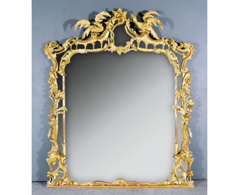 A 19th Century Giltwood Carved Over Mantel Mirror of 'Chinese Chippendale' Design, surmounted by Ho Ho birds, carved with scr