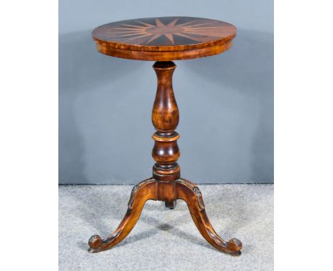 A Victorian Rosewood Circular Tripod Table, the top inlaid with sunburst pattern, on turned central column and cabriole legs 