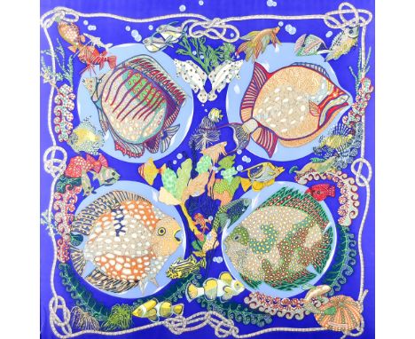 A Hermes 'Grands Fonds' Silk Scarf, designed by Annie Faivre, 32ins square, in silvered frame and glazed, and a Hermes scarf 