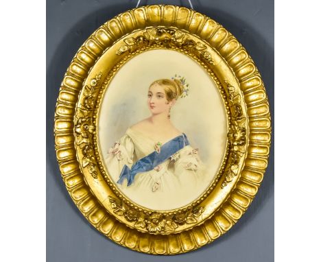 19th Century English School - Watercolour - Half-length portrait of a young Princess, possibly Victoria, wearing blue sash, 1