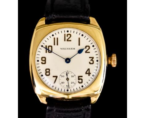 A Gentleman's Manual Wind Wristwatch, by Waltham, 9ct gold cushion case, cream dial with gold Arabic baton numerals and subsi