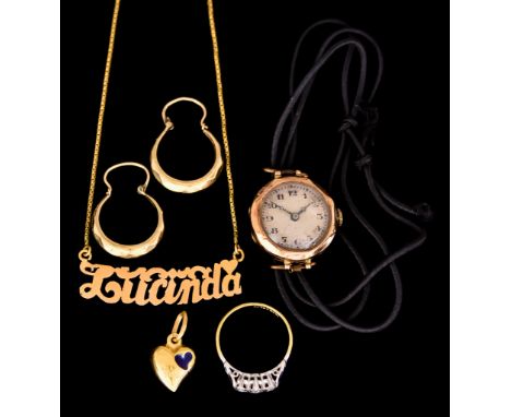 A Quantity of Gold, comprising - a manual wind lady's wristwatch, 9ct gold case, 22mm diameter, with silver dial and black Ar