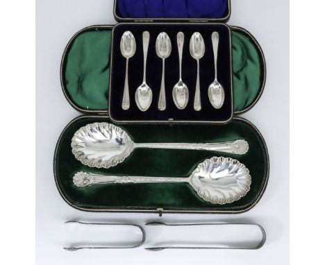 A Pair of George V Silver Serving Spoons, and Mixed Silver, the serving spoons by Walker &amp; Hall, Sheffield 1910, with she