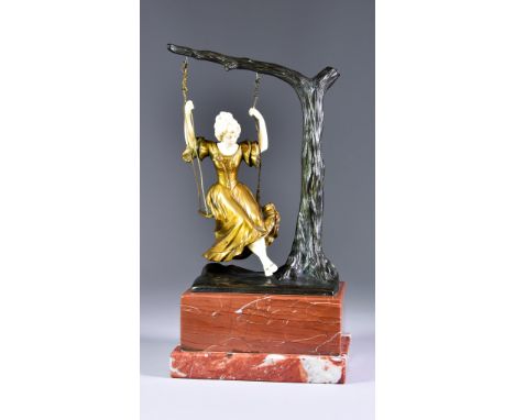 Goltthilf Yaeger (1871-1933) - Cold painted bronze and ivory figure - A young woman on a swing, mounted on tree branch and on