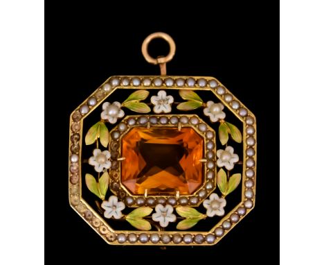 An Early 20th Century Enamel, Seed Pearl and Gem Stone Pendant, with a centre faceted orange stone, surrounded by enamel and 