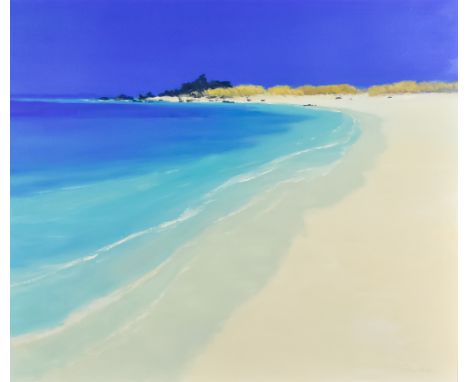 ARR John Miller (1931-2002) - Oil painting - 'Tresco II' - View of Pentle Beach, Tresco, Isles of Scilly, with rocky outcrop 