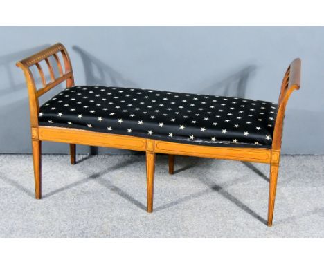 An Edwardian Mahogany and Inlaid Rectangular Window Seat, the whole inlaid with stringings, with two scroll ends to sides, th