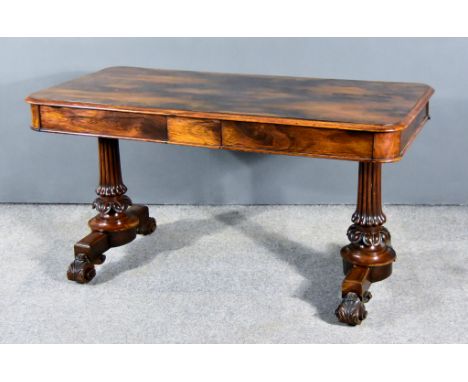 A William IV Figured Rosewood Rectangular Library Table,&nbsp;with moulded edge to top, fitted one frieze drawer to front and