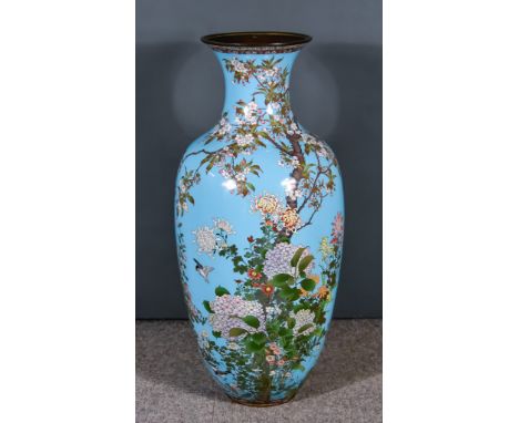 A Japanese Cloisonne Enamel Baluster-Shaped Vase, Meiji Period, enamelled in colours with birds and flowering branches and bo