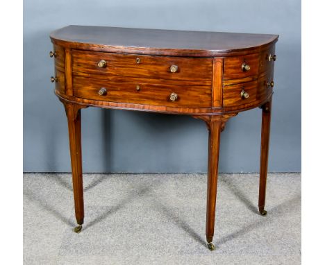A George IV Figured Mahogany and Inlaid Demi-Lune Side Table, with cross banded edge to top, fitted two deep drawers with twi