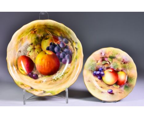 A Royal Worcester Porcelain Bowl Decorated by Ricketts, with fruit patterning and gilt detailing, 9ins diameter, and one plat