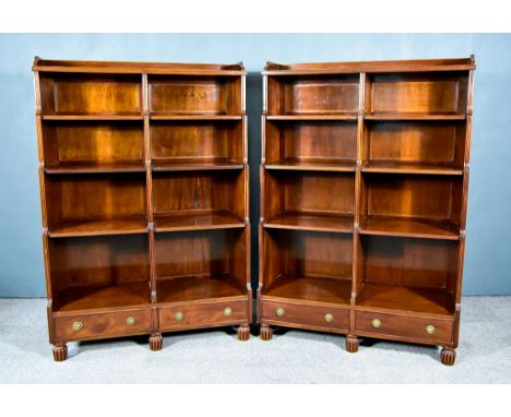 A Pair of Modern Mahogany Open Front Waterfall Bookcases of Regency Design, by David Bartram, each with tray tops, panelled b