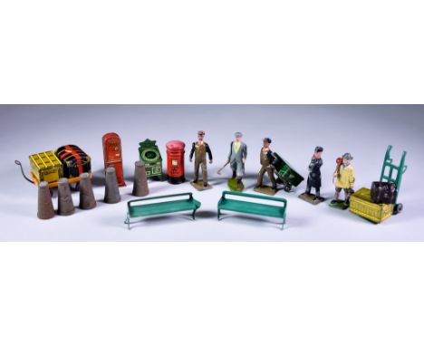 A Quantity of Hornby O Gauge Railway Accessories,&nbsp;comprising - five pieces of luggage, a trolley, a ticket machine, a po