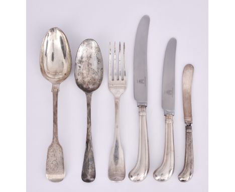 A George II Silver Old English and Rattail Pattern Table Spoon and Mixed Flatware,&nbsp;the table spoon by Edward Jennings, L