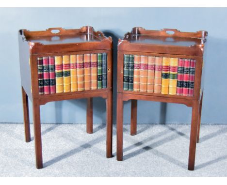 A Pair of 20th Century Mahogany Tray Top Bedside Cabinets, with handle cut-outs to top, enclosed by single doors with dummy b