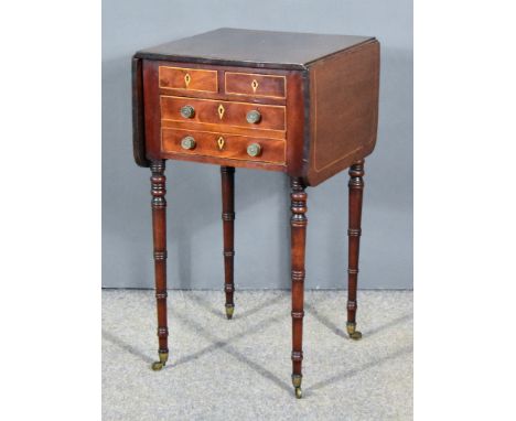 A George III Mahogany Rectangular Drop Leaf Work Table, inlaid with stringings, fitted two short and one deep drawer with dou