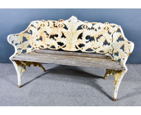 A Late Victorian White Painted Cast Iron "Fern and Berry" Pattern Garden Bench, in the 'Coalbrookdale' manner, with slatted s