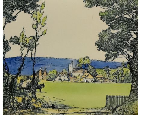 Three Royal Doulton Pottery Tiles Designed by Donald Maxwell (1877-1936), for his 'Doomsday' series of Kent Villages - "Kemsi