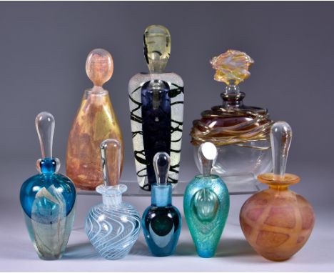 Eight Studio Glass Scent Bottles and Stoppers, comprising - a Kalki Mansel turquoise and gilt detailed bottle and stopper, si