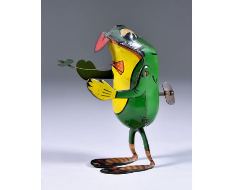 A George Kellerman Painted Tin Plate Clock Work Novelty Toy in the form of a frog chasing a fly, circa 1930's, marked "CKO 31