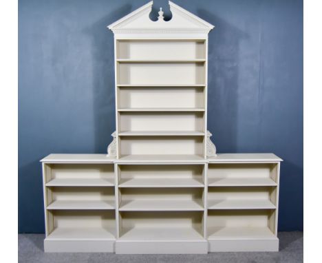 A Modern Grey Painted Open Front Bookcase of Georgian Design, by Michael Westgate, the upper part with dentil moulded cornice