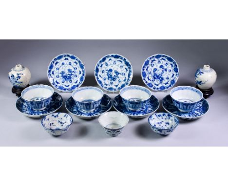 A Selection of Chinese Porcelain Blue and White Wares, including four tea bowls and saucers, decorated with flowering leafy b