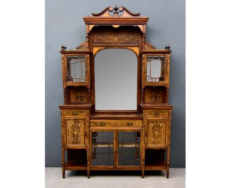 An Edwardian Rosewood and Inlaid Side Cabinet, the whole inlaid with fan and arabesques, bell flower and ribbon ornament, the