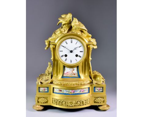 A Late 19th Century French Ormolu and Porcelain Mantel Clock No.15882, the 3.5ins diameter white enamel dial with Roman numer