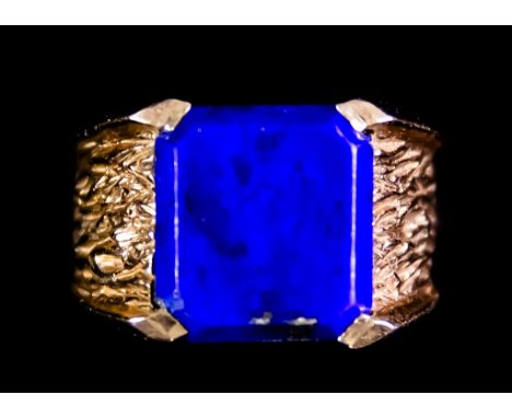 A 9ct Gold Lapis Lazuli Dress Ring set with a centre lapis panel, 13mm x 13mm, size N+, gross weight 9.9g Images are within t