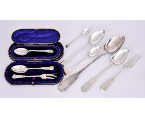 A Victorian Irish Silver Fiddle Pattern Gravy Spoon and Mixed Flatware,&nbsp;the gravy spoon,&nbsp;makers mark rubbed, possib