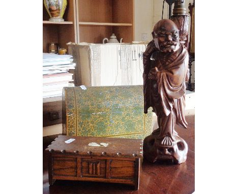 Modern Chinese carved wood figural table lamp, an Indian painted wood dome top stationery box and another