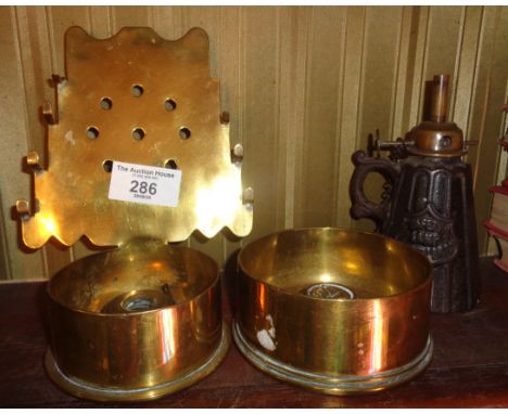 Trench Art - WW1 shell case inkwell with pen rests, a similar ashtray (1916 18lb shell) and a Wells Patent Unbreakable Safety