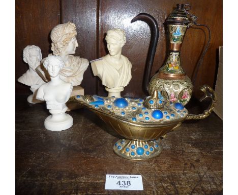 Four small resin classical busts, a brass 'Aladdin' spirit lamp encrusted with blue stones