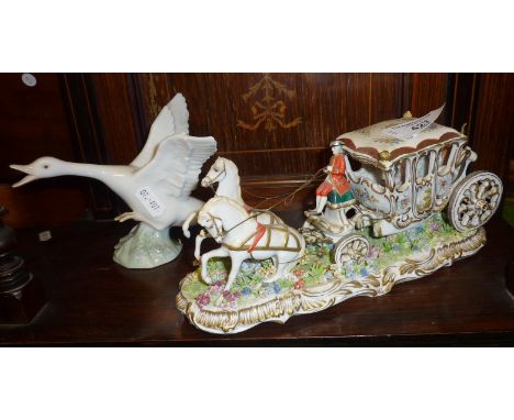 Lladro china swan and a porcelain model of a Continental horse drawn coach with Royal passenger and prancing horses