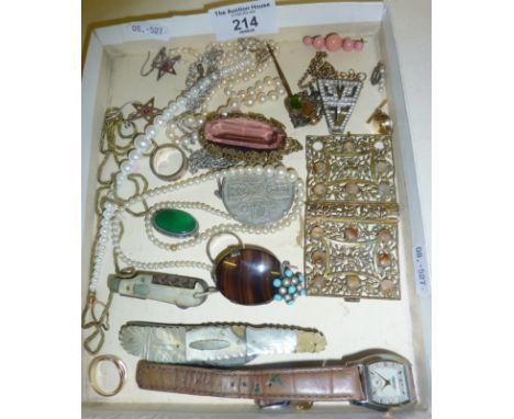 Two vintage genuine pearl necklaces, mother of pearl penknives (one a multi-tool, bottle shaped), stick pins, rings etc