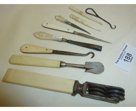 Nine antique utensils and manicure tools etc., with bone and mother-of-pearl handles. Inc. patented orange peeler, knife shar