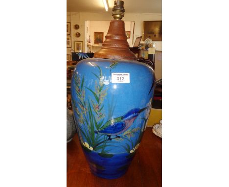 Large Torquay ware table lamp base with dark blue glaze and decorated with birds, 19" tall