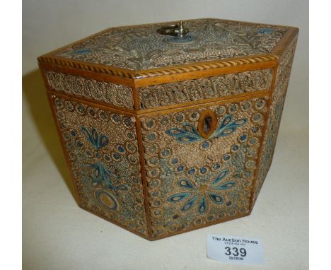 Fine Regency hexagonal rolled paper and brass wire tea caddy with satinwood interior lid inlaid with burr walnut, 5" high x 7